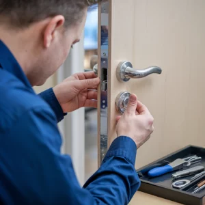 Professional locksmith fixing a residential door lock in Portsmouth.