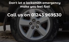 Flat tyre with text overlay advertising emergency locksmith services near me in Chichester.