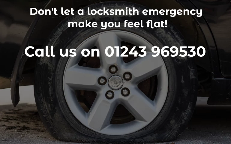 Flat tyre with text overlay advertising emergency locksmith services near me in Chichester.